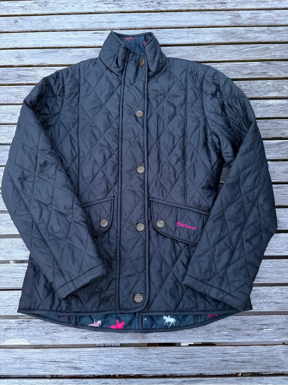 Barbour Black Quilted Girls' Puffer Jacket with Pink Logo Size M